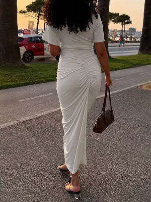 Ruched Short Sleeve Maxi Dress in Apricot, back view