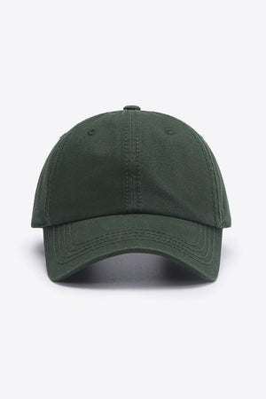 Green canvas baseball cap with stitched details and curved brim.