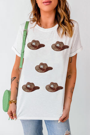 White cotton blend t-shirt with all-over sequin cowboy hat graphic.