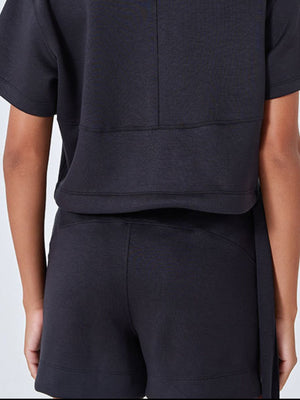 Black drawstring pocket shorts with a comfortable, casual fit.