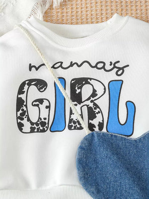Children's Letter Long Sleeve Top And Denim Skirt Set in White, side view