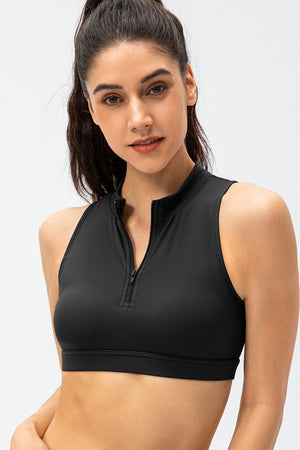 Black high-neck zip-front active crop top with sleeveless cut