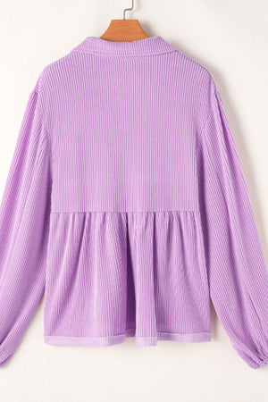 Lilac textured gathered yoke collar blouse with long sleeves and babydoll cut