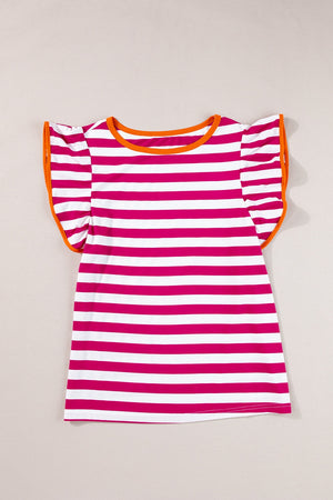 Striped tee with flutter sleeves and contrast orange trim.