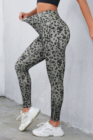 Sculpted leopard print performance leggings in dark gray with a high waist.