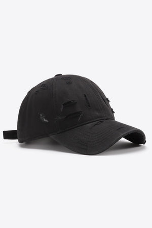 Black distressed baseball cap with adjustable strap