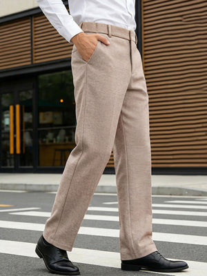 Classic fit men's khaki dress pants with pockets, straight leg, tailored look.