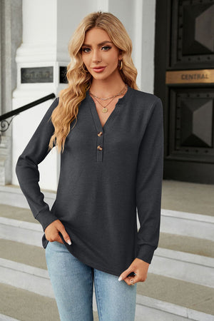 Dark Gray waffle knit long sleeve top with buttoned V-neck