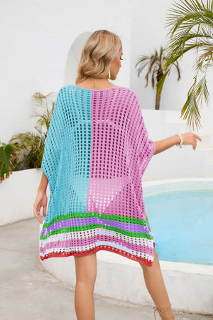 Meshed edge scoop neck half sleeve cover-up in colorblock pink and blue with striped hem