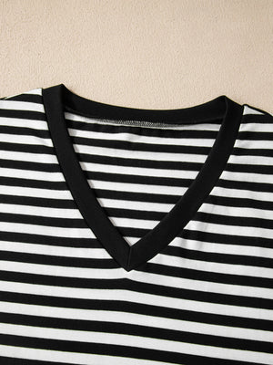 Classic black and white striped V-neck t-shirt with black trim.