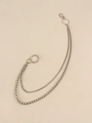 Silver double-strand chain pant accessory with two different chain styles and a lobster clasp.