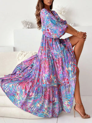 Printed V-neck Balloon Sleeve Maxi Dress in Black, product detail