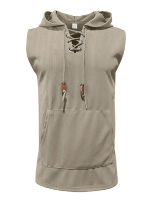 Khaki ribbed knit sleeveless hoodie with lace-up neckline and front pocket.