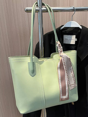 Elegant green pu leather tote bag with decorative scarf detail