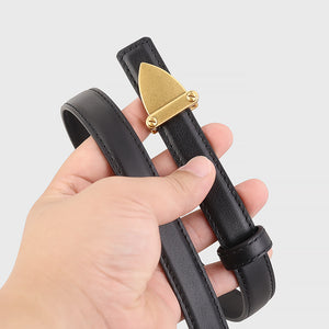 Black cowhide leather belt with golden shield buckle detail