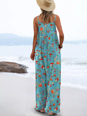 Floral Print Wide Leg Spaghetti Strap Overalls, editorial view