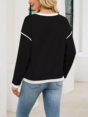 Contrast Trim Long Sleeve Sweatshirt in Black, back view