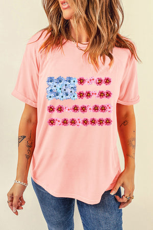 Watermelon pink cotton t-shirt with a floral American flag graphic print.