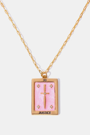 Blush pink tarot card pendant necklace with sword and gems on gold chain