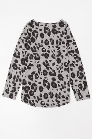 Relaxed fit dark gray leopard print long sleeve V-neck top