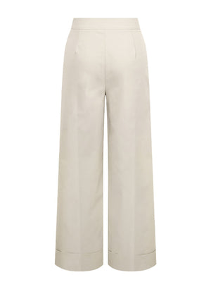 Beige wide-leg tailored trousers with cuffed hemline