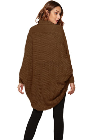 Brown acrylic knit cardigan with shawl collar and batwing sleeves.