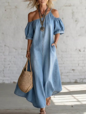 Asymmetrical Neck Denim Maxi Dress With Pockets in Light Blue, back view