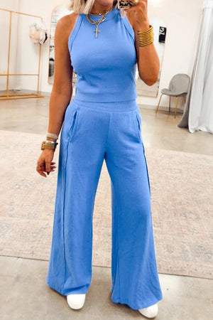 Blue ribbed tank top and wide-leg sweatpants set with pockets