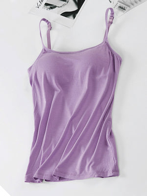 Lavender soft-cup cami with adjustable straps and a scoop neckline.