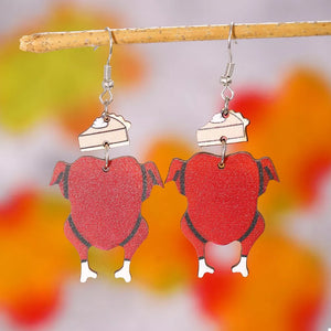Thanksgiving turkey charm dangle earrings with pie slice detail, red acrylic and wood.