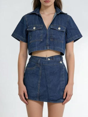 Medium wash denim cropped button-down top and mini skort set with chest pockets