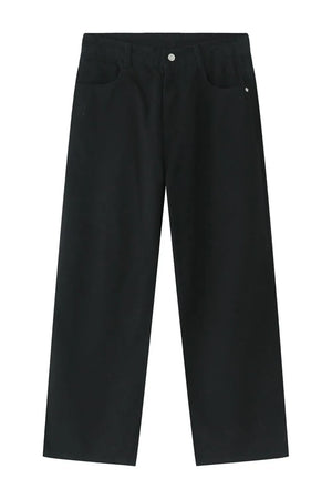 Black wide-leg denim trousers with a high-rise waist and classic five-pocket styling.