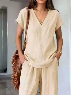 Full Size V-neck Short Sleeve Top And Pants Set in Light Brown, model styling view