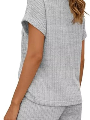 Light gray ribbed knit loungewear set with short sleeves and drawstring detail.