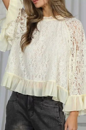 Cream lace maternity shirt with ruffled bell sleeves and hem