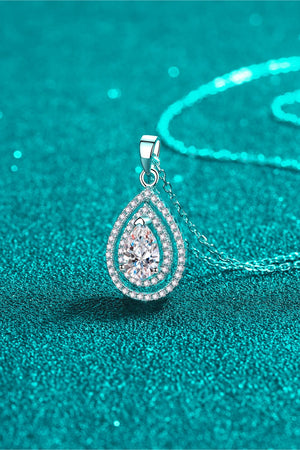 Silver double halo moissanite teardrop necklace with 925 sterling silver chain.