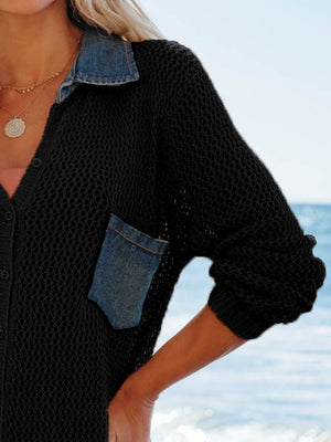Black knit cover-up dress with denim collar and chest pocket, long sleeves.