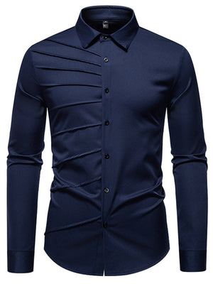 Navy blue cotton long sleeve shirt with asymmetrical ruched detail and button front.
