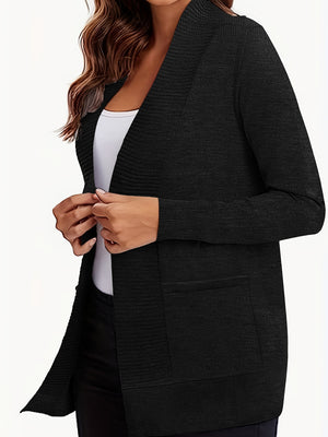 Black textured knit open-front cardigan with shawl collar and pockets