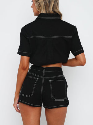 Black contrast stitch utility set with buttoned shirt and shorts