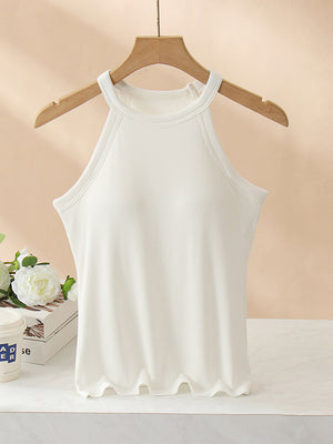 White ribbed halter tank top with built-in bra and lettuce hem