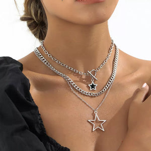 3-piece Layered Star Pendant Silver-plated Necklace in Silver, front view