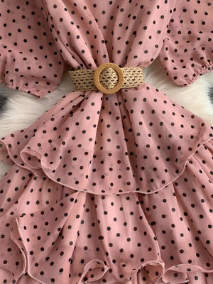 Pink polka dot tiered chiffon dress with woven belt detail