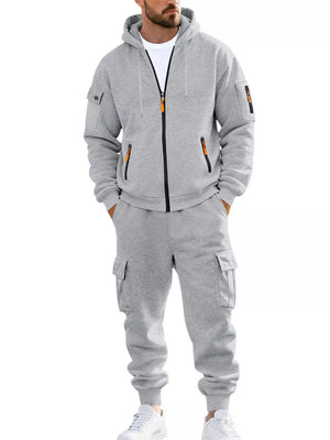 Men's Plus Size Casual Zip-up Hoodie And Cargo Pants Set in Dark Gray, view 14