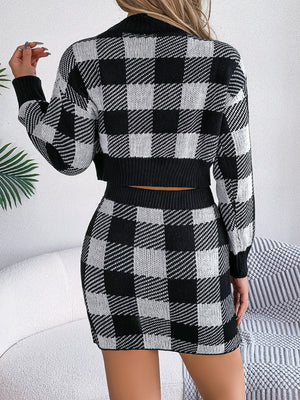 Cropped knit co-ord set in black and white checkered pattern, acrylic material.