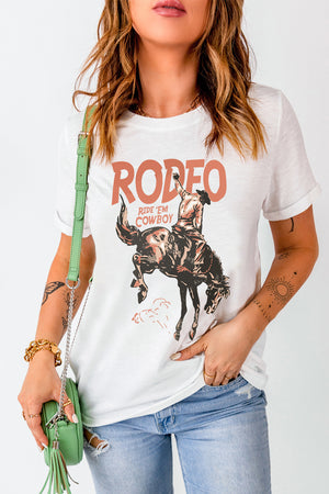 White graphic tee with rodeo cowboy print and "RODEO RIDE 'EM COWBOY" text.