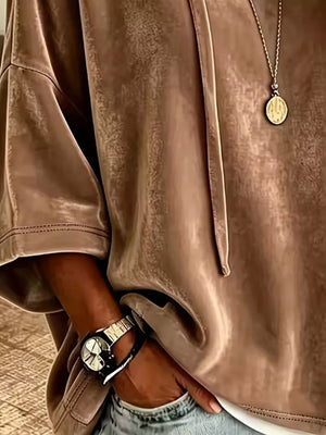 Velvet Loose Fit Hoodie With Drawstring in Khaki, view 11