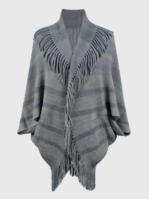 Charcoal striped knit capelet with fringe detail and shawl collar.