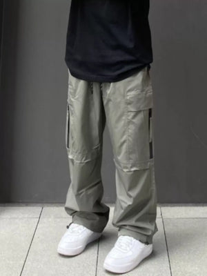 Men's Gray Green relaxed fit cargo sweatpants with ankle drawstring and multiple pockets.