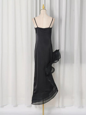 Spaghetti Strap Ruffle Slit Maxi Dress in Black, fabric detail